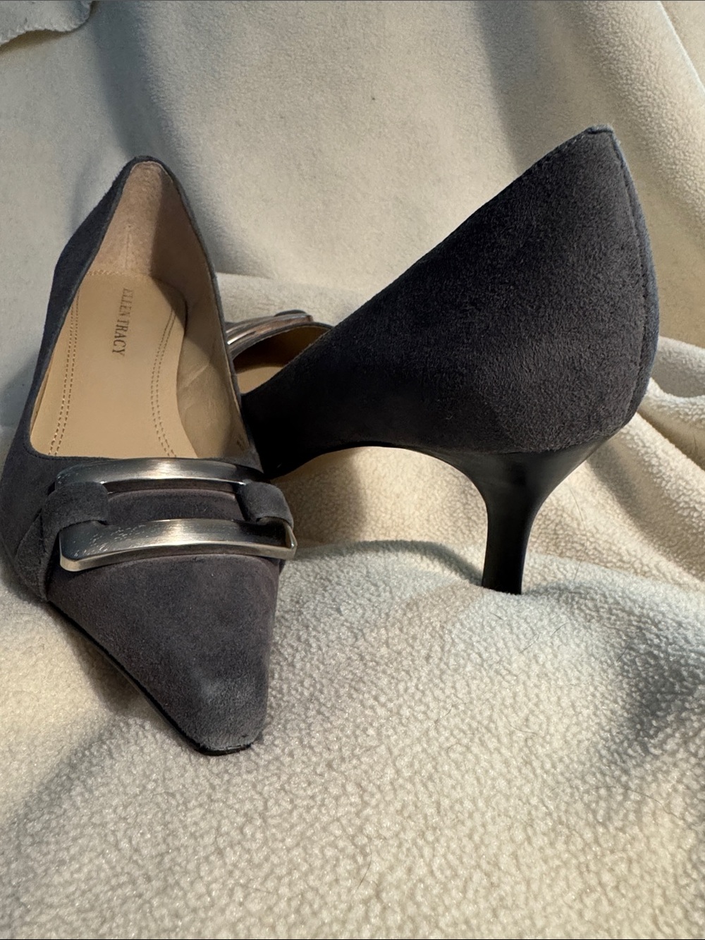 Ellen Tracy Charcoal Suede Pointed-Toe Heels with Decorative Silver-tone Buckle - Picture 3 of 7